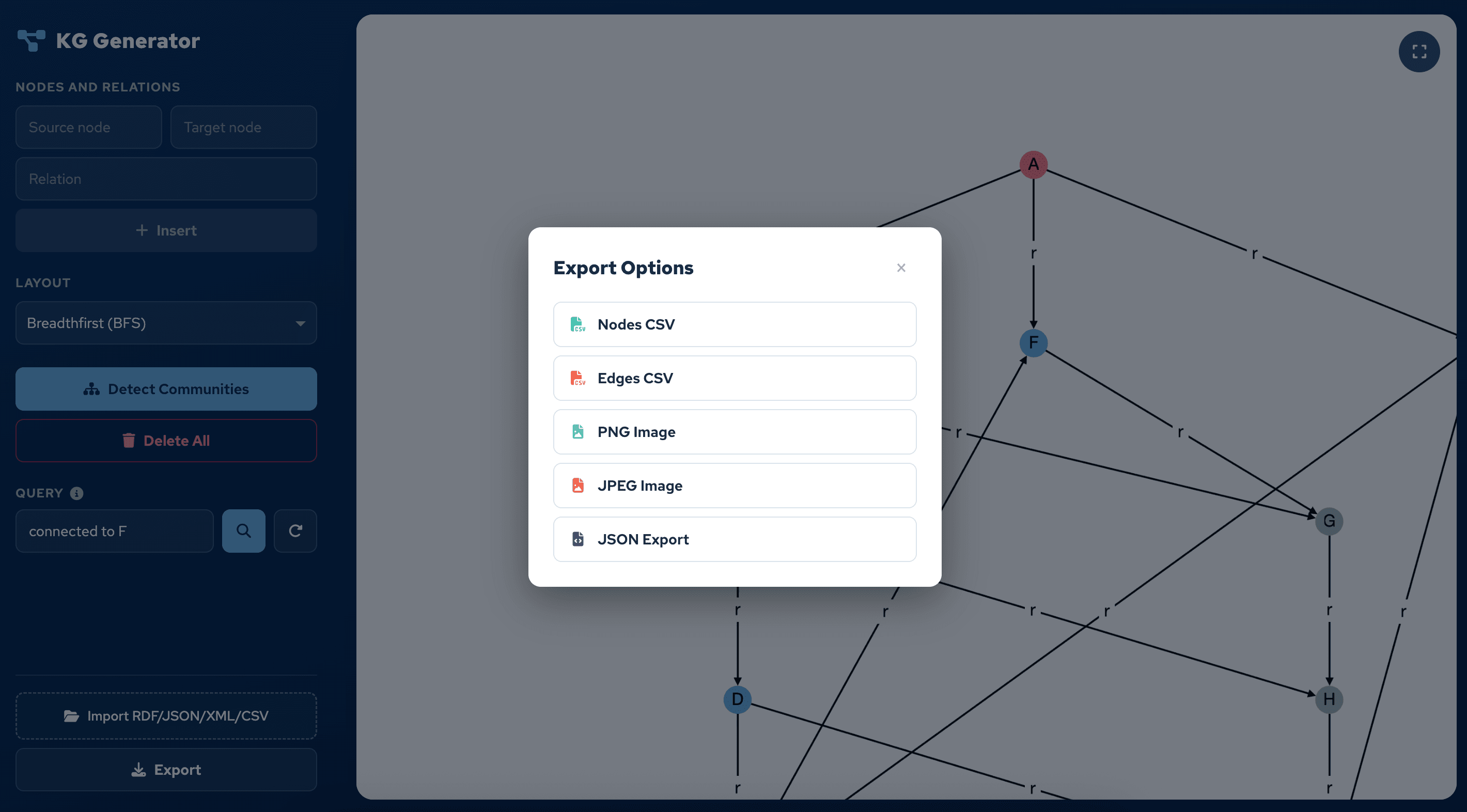 KG Generator - export options for CSV, image, and JSON formats